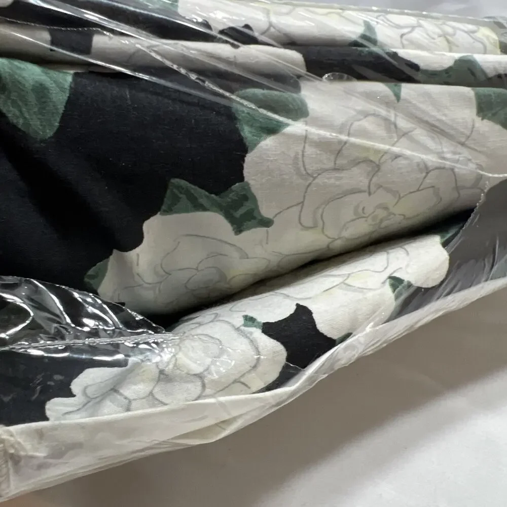 Vintage Designer Sheet Set Full Size Black Ivory Floral Flat Fitted Pillowcases